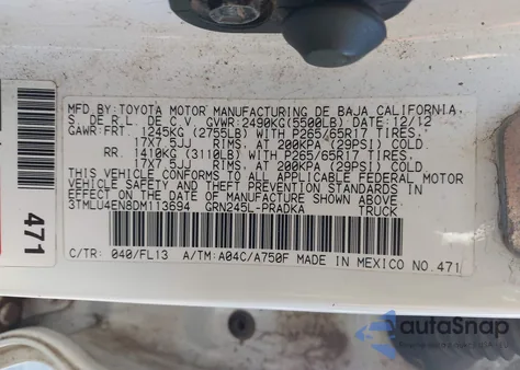 2013 Toyota Tacoma Base V6 z USA, uszkodzony, nr VIN 3TMLU4EN8DM113694